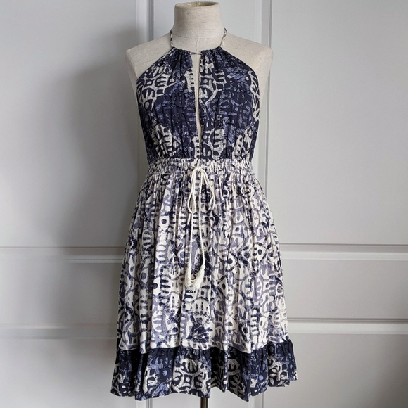 Free People Mini Dress Halter Neck Sleeveless Open Back Batik Blue Ivory S NWT - Picture 3 of 16